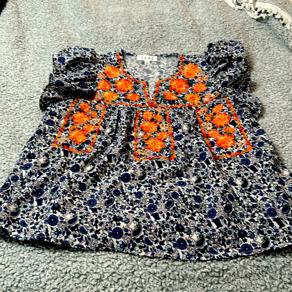 THML embroidered flutter sleeve blouse